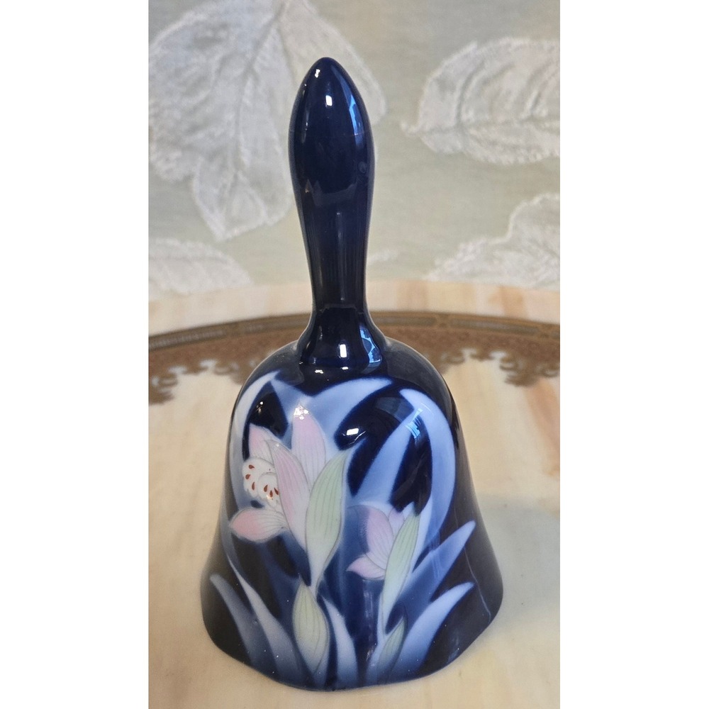 Vintage Sato Gordon Asahi Cobalt Blue Porcelain Floral Dinner Bell Japan Orchid